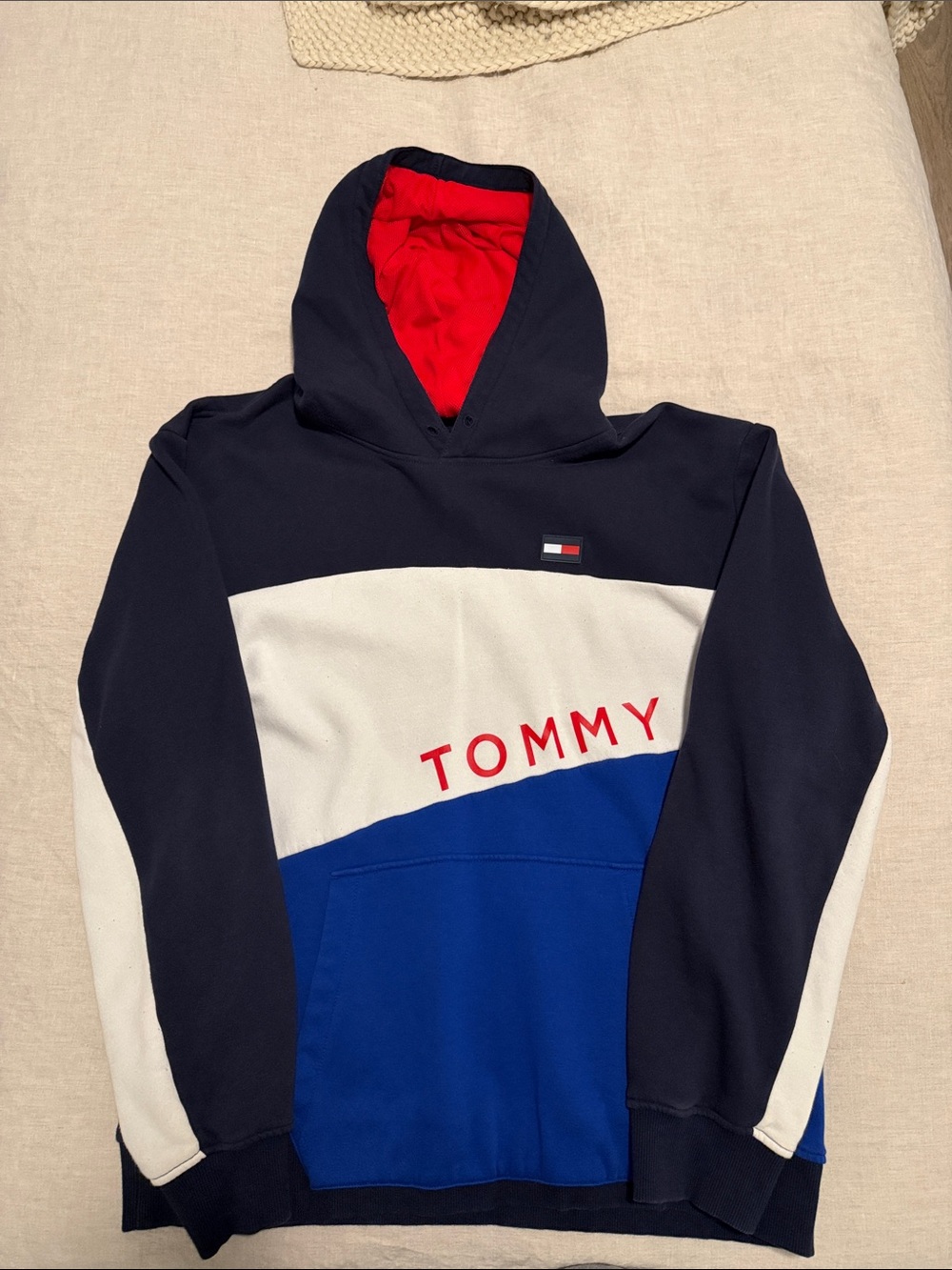 Tommy Hilfiger Navy, White & Red Colorblock Crewneck Hoodie